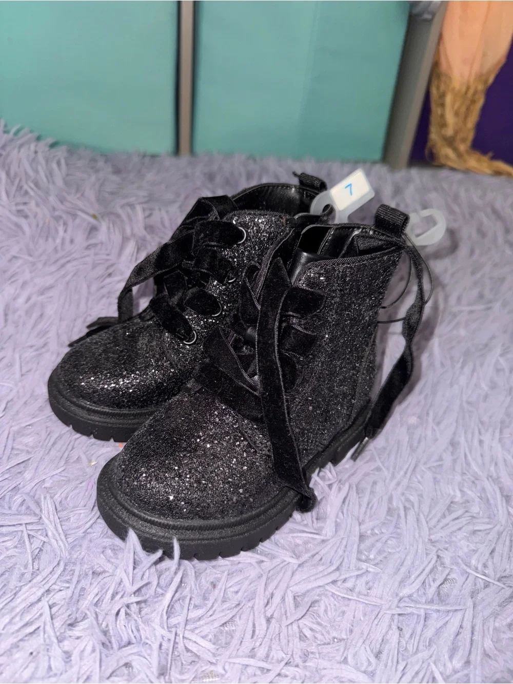 Cat & Jack Black Glitter Kids Boots with Velvet Laces